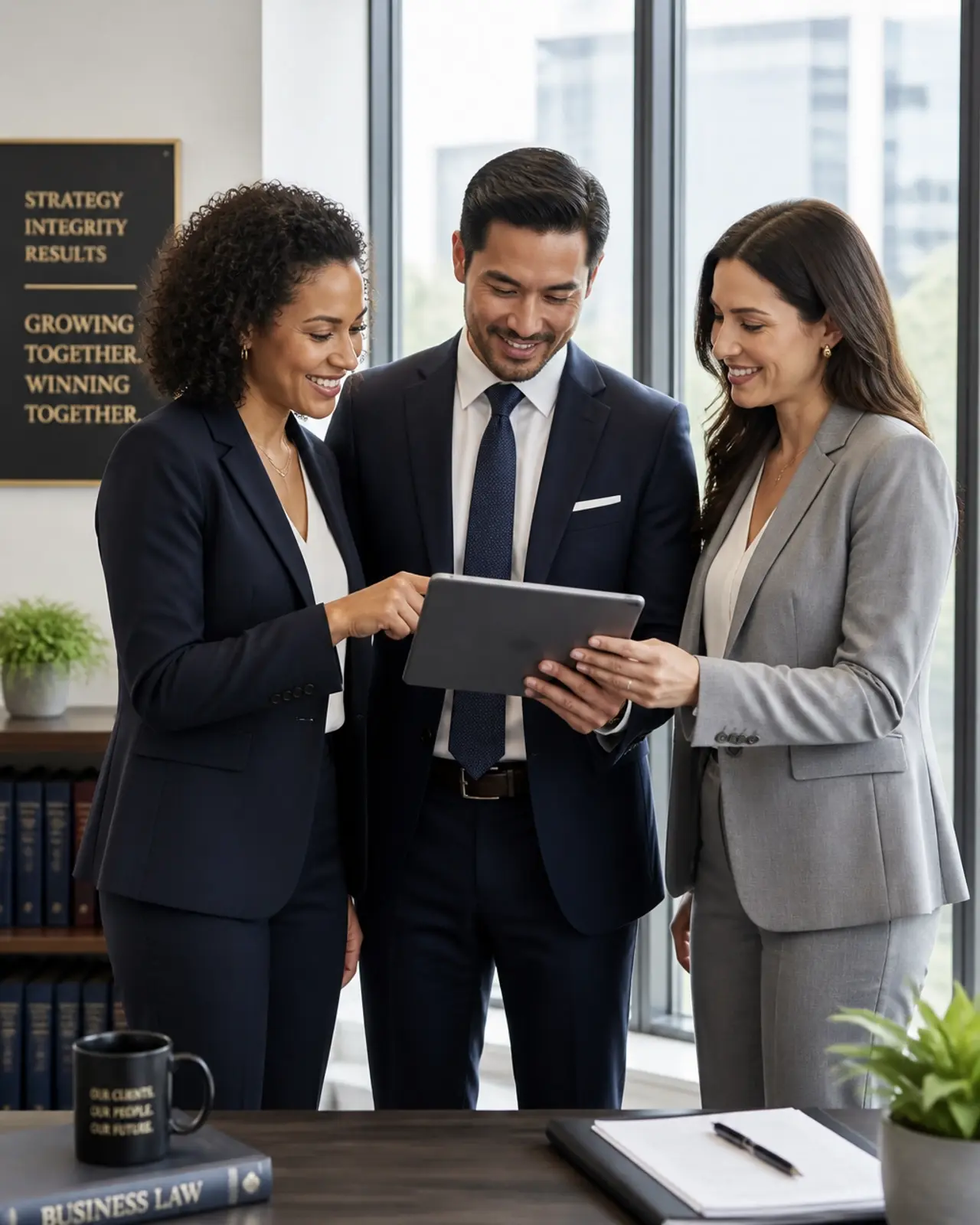 A diverse group of attorneys in a strategy meeting, representing firm growth and teamwork.