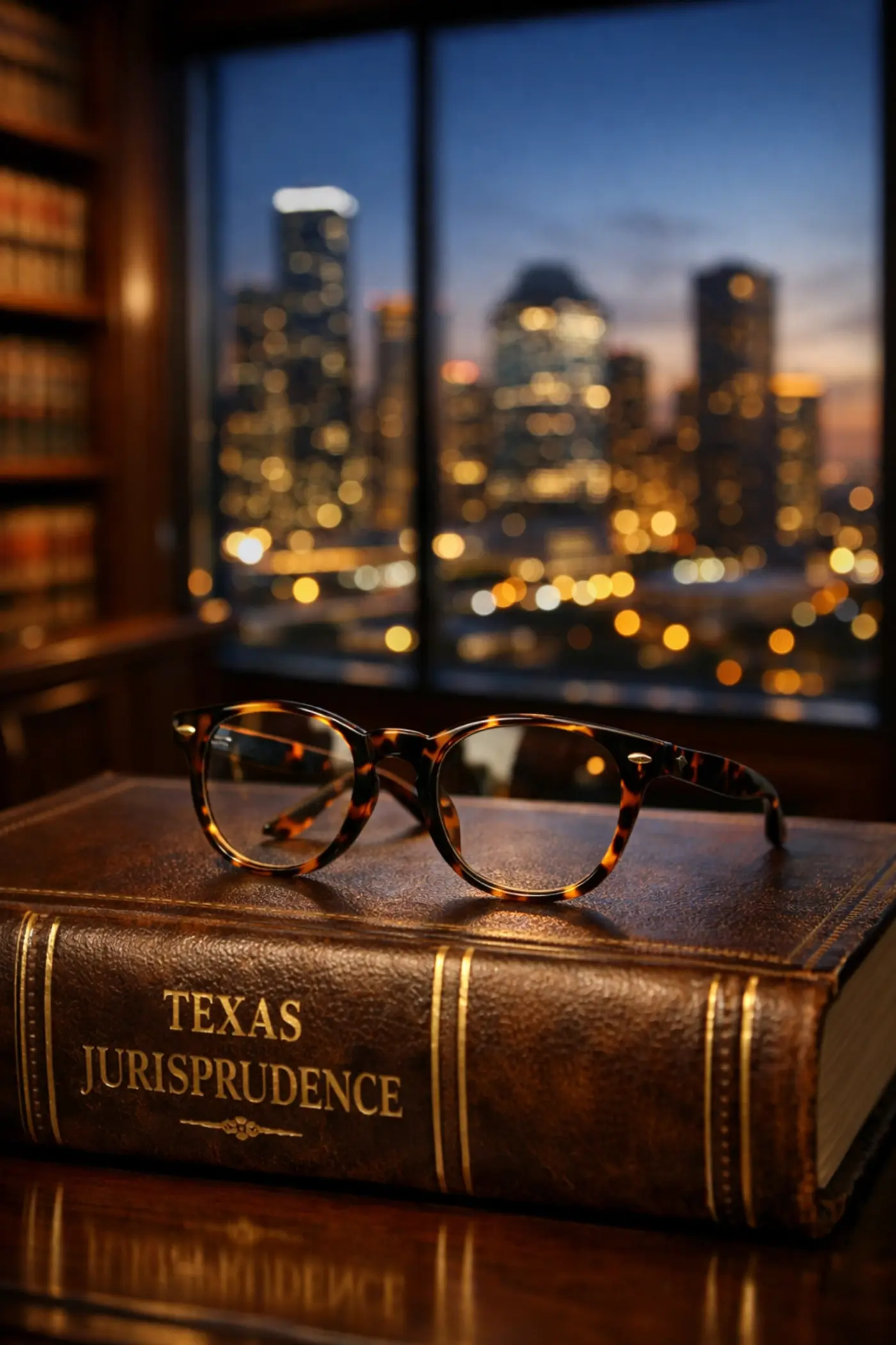 Texas Jurisprudence book and glasses in a Houston law firm library overlooking the city skyline.