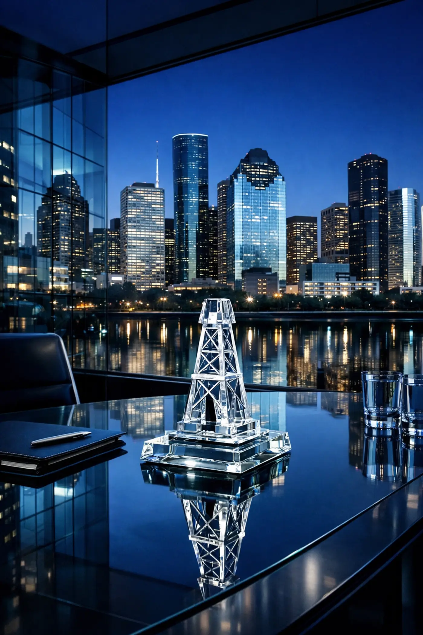 Legal conference table with a derrick paperweight and the Houston Energy Corridor skyline background.