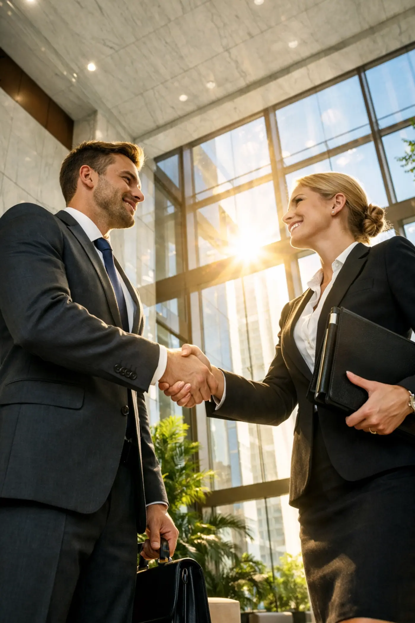 Legal professionals shaking hands in a bright Houston office lobby after a successful direct-hire placement.