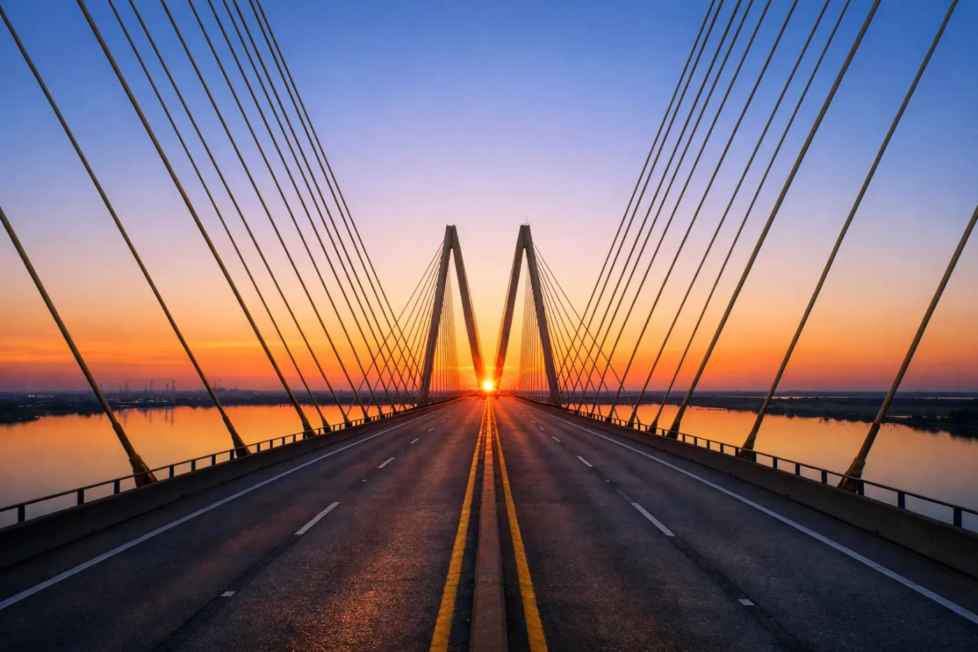Sunrise view of the Fred Hartman Bridge representing a proactive Houston legal staffing strategy.