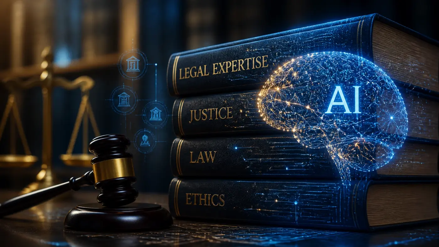 Digital neural network over a legal gavel representing AI and legal expertise