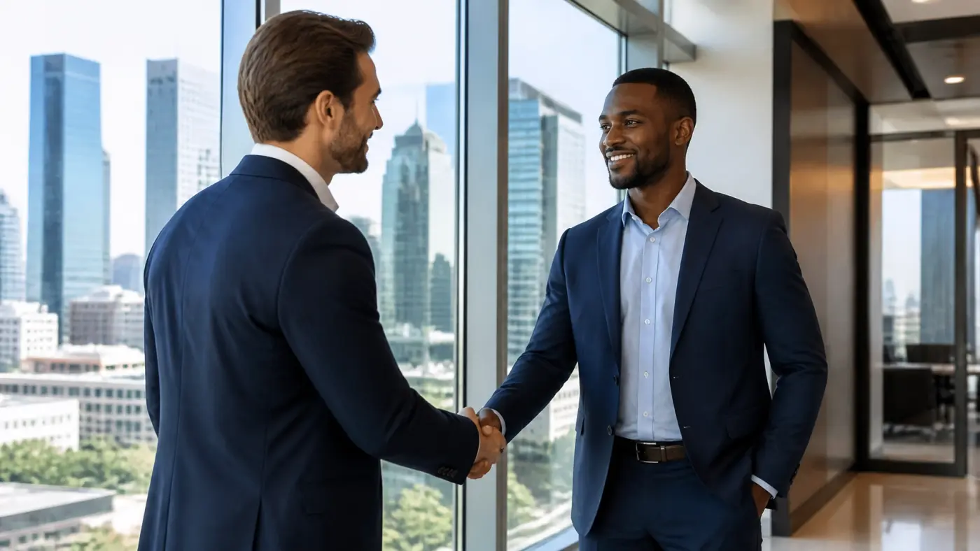 Professional handshake in a Houston office setting representing trust