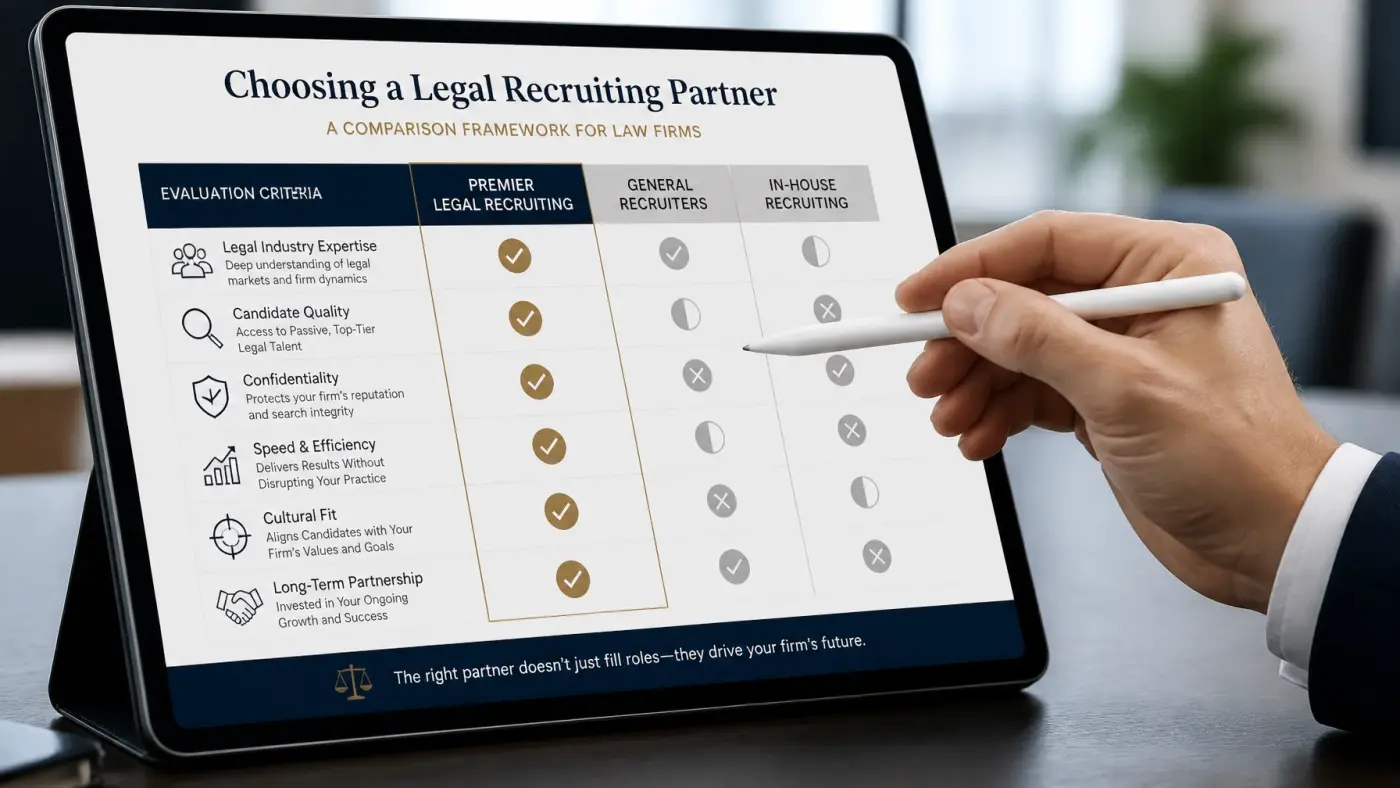 Close up of a comparison chart on a tablet titled 'Choosing a Legal Recruiting Partner'