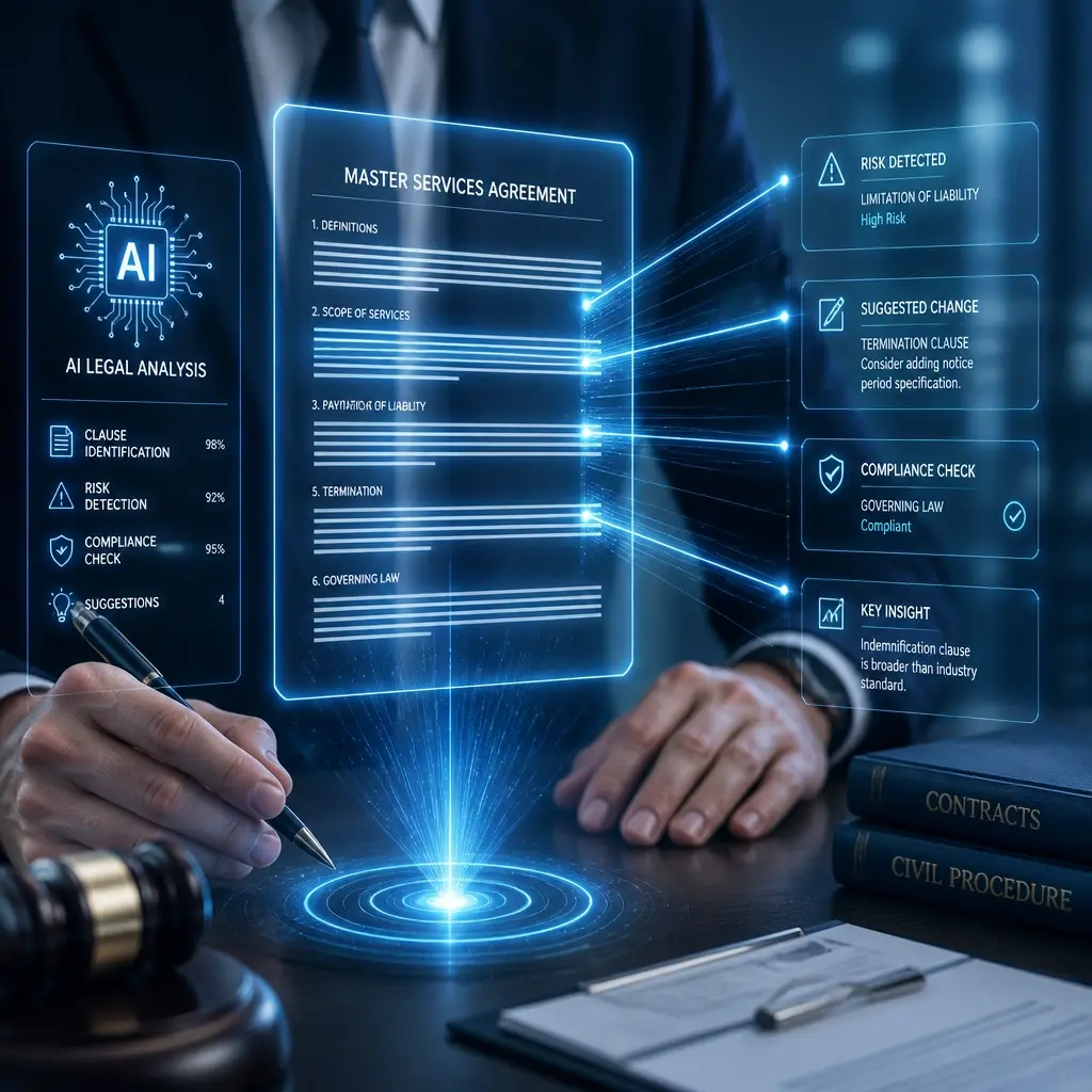 A conceptual image representing AI in Law with a holographic interface of a legal document being analyzed by digital light beams.