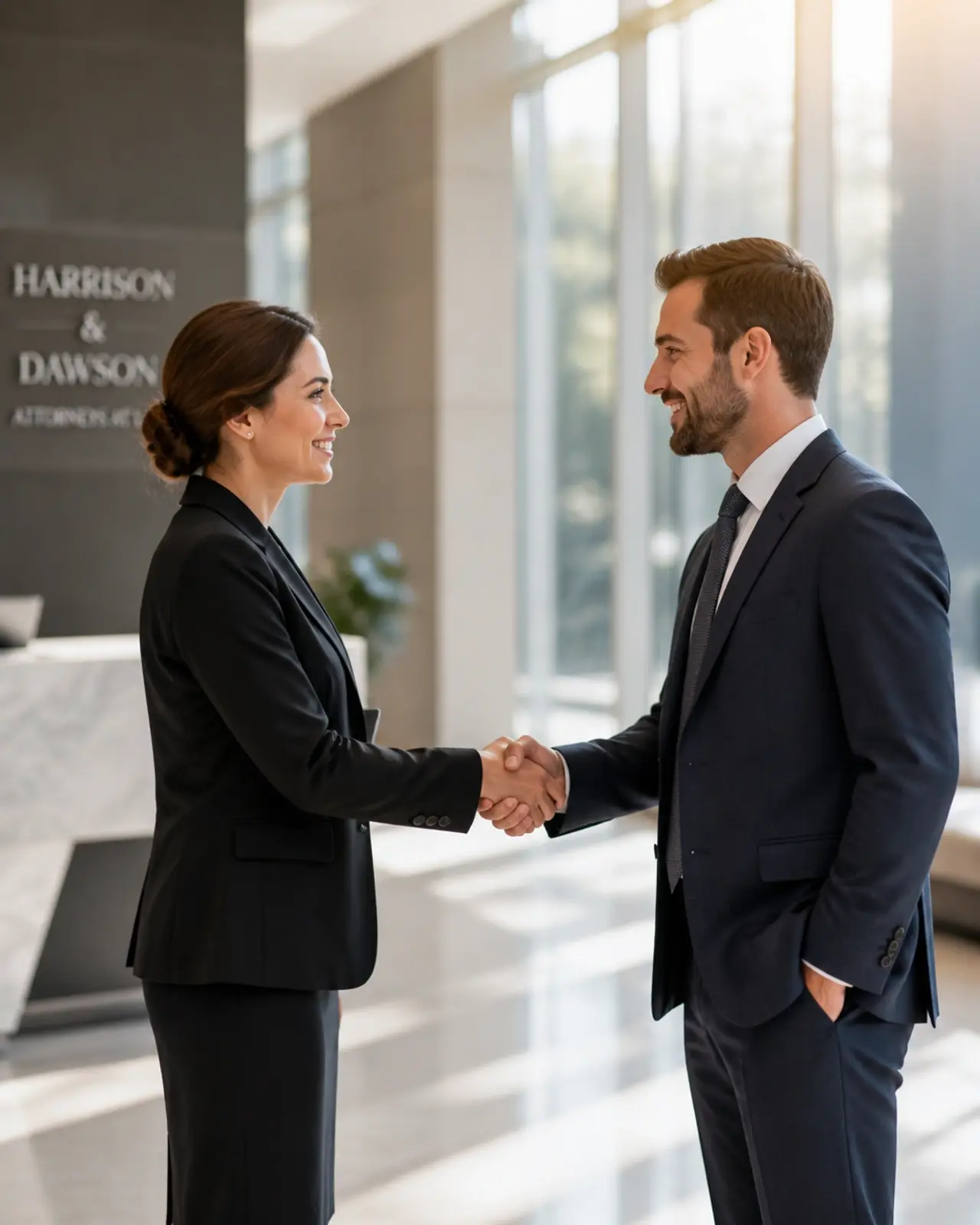 A professional handshake between two lawyers in a sunlit, modern office lobby, representing a successful lateral hire.