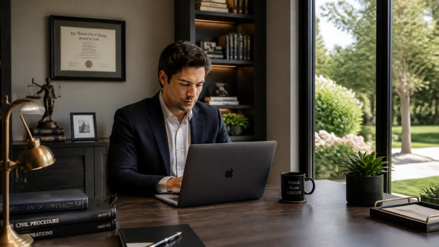A high-end home office with a view of a garden, representing the luxury and efficiency of remote legal work.