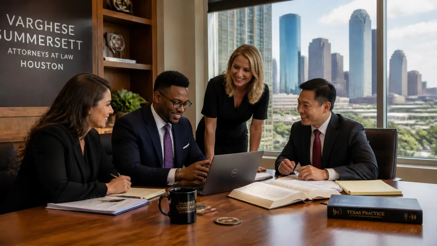A diverse team of legal professionals collaborating around a large wooden desk in a bright, upscale office.