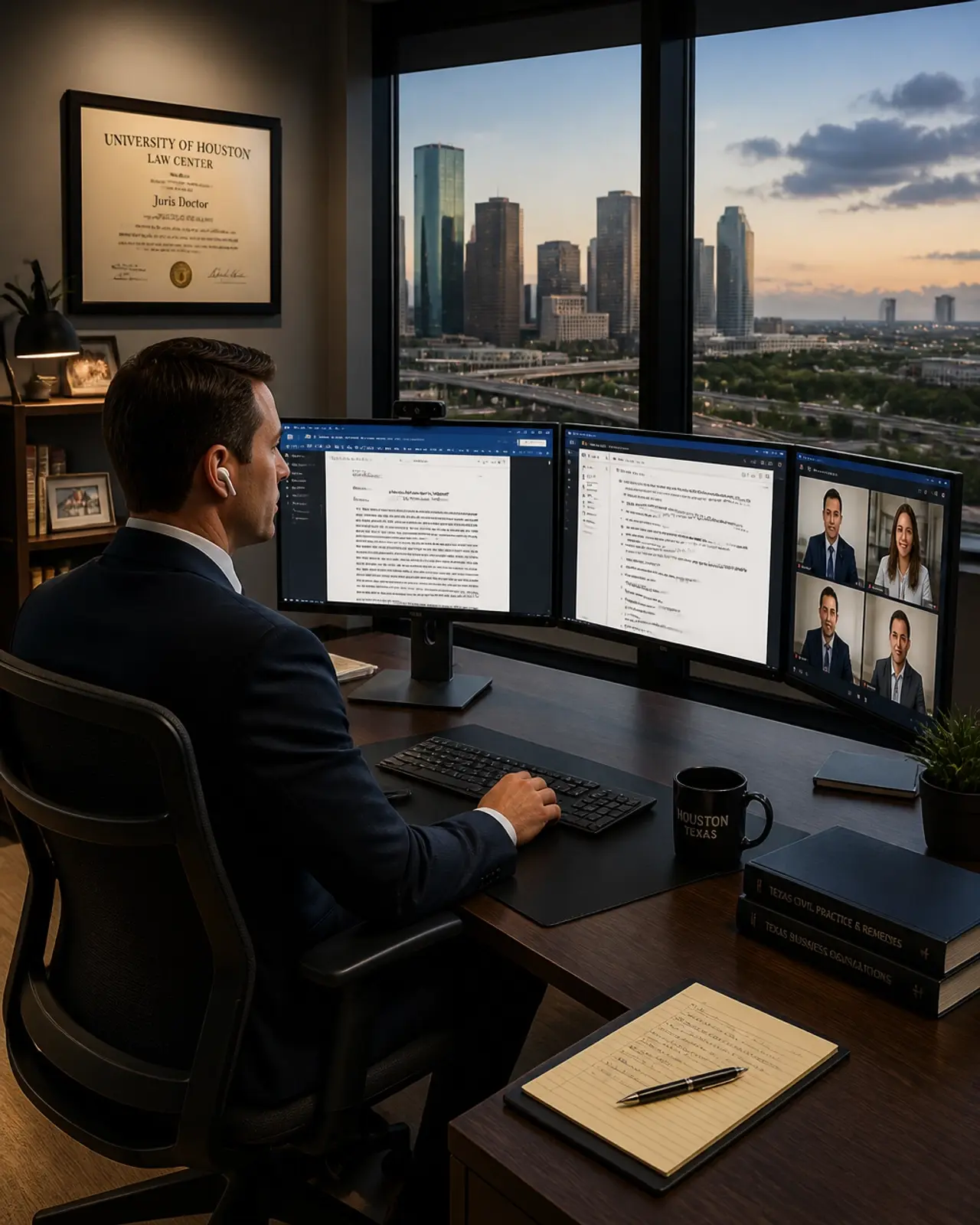 A legal professional working from a high-tech home office with a view of the Houston skyline.