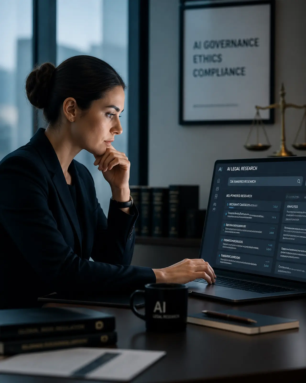 A legal professional using an AI-powered legal research platform in a modern office.