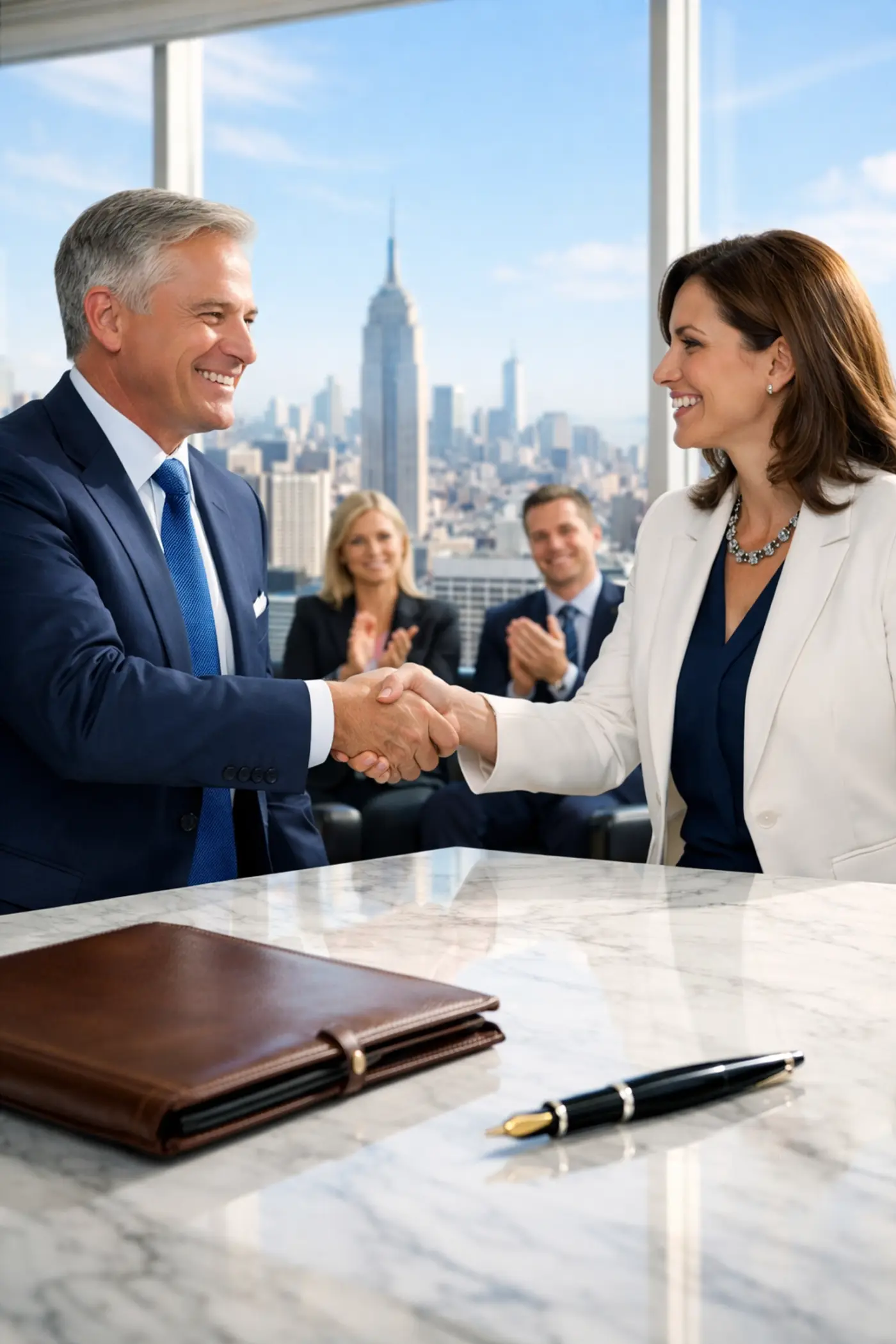 Managing partner shaking hands with a legal recruiting agency professional in a modern office.