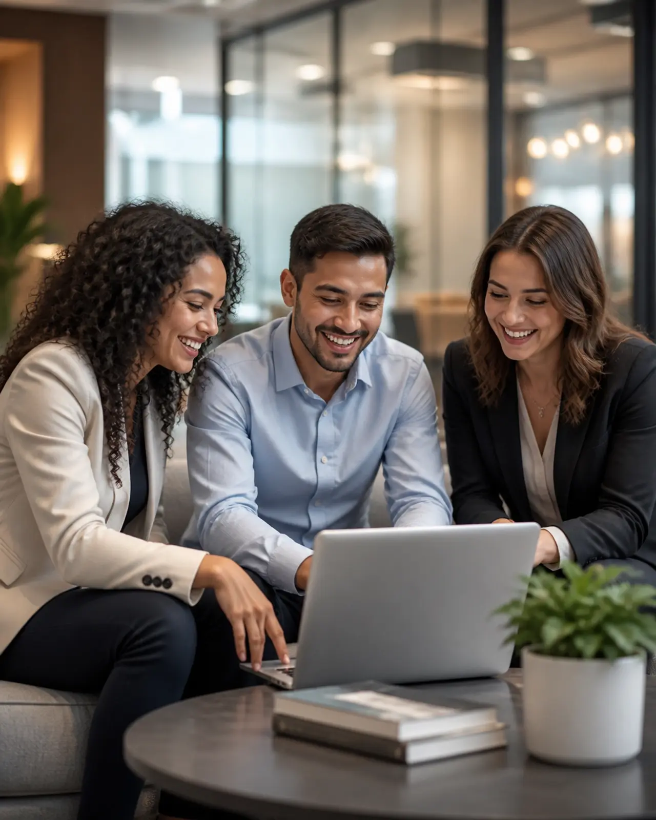 A diverse group of young, smiling attorneys working collaboratively in a bright, modern office lounge.