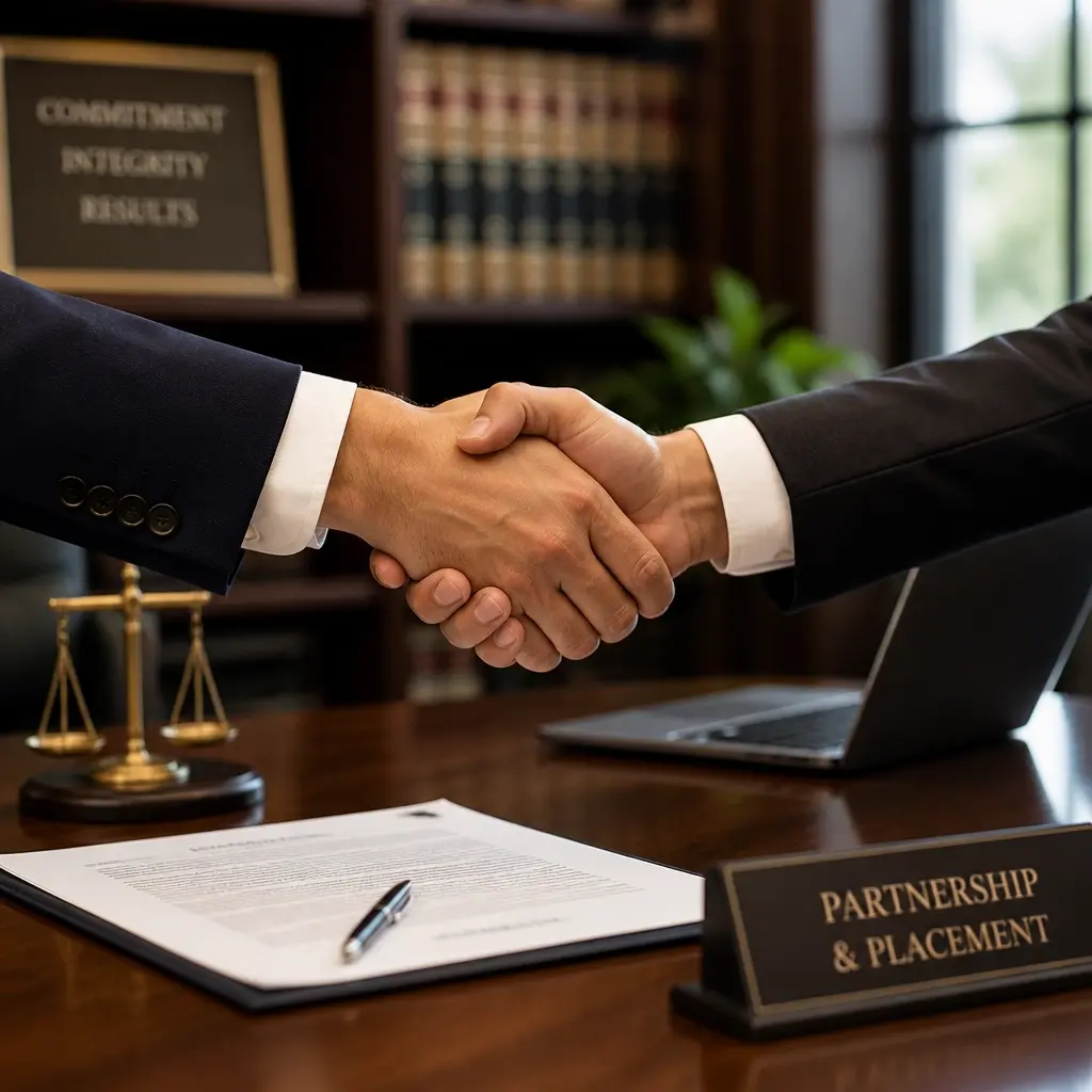 Two professionals shaking hands firmly across a polished wooden desk, symbolizing a successful placement.