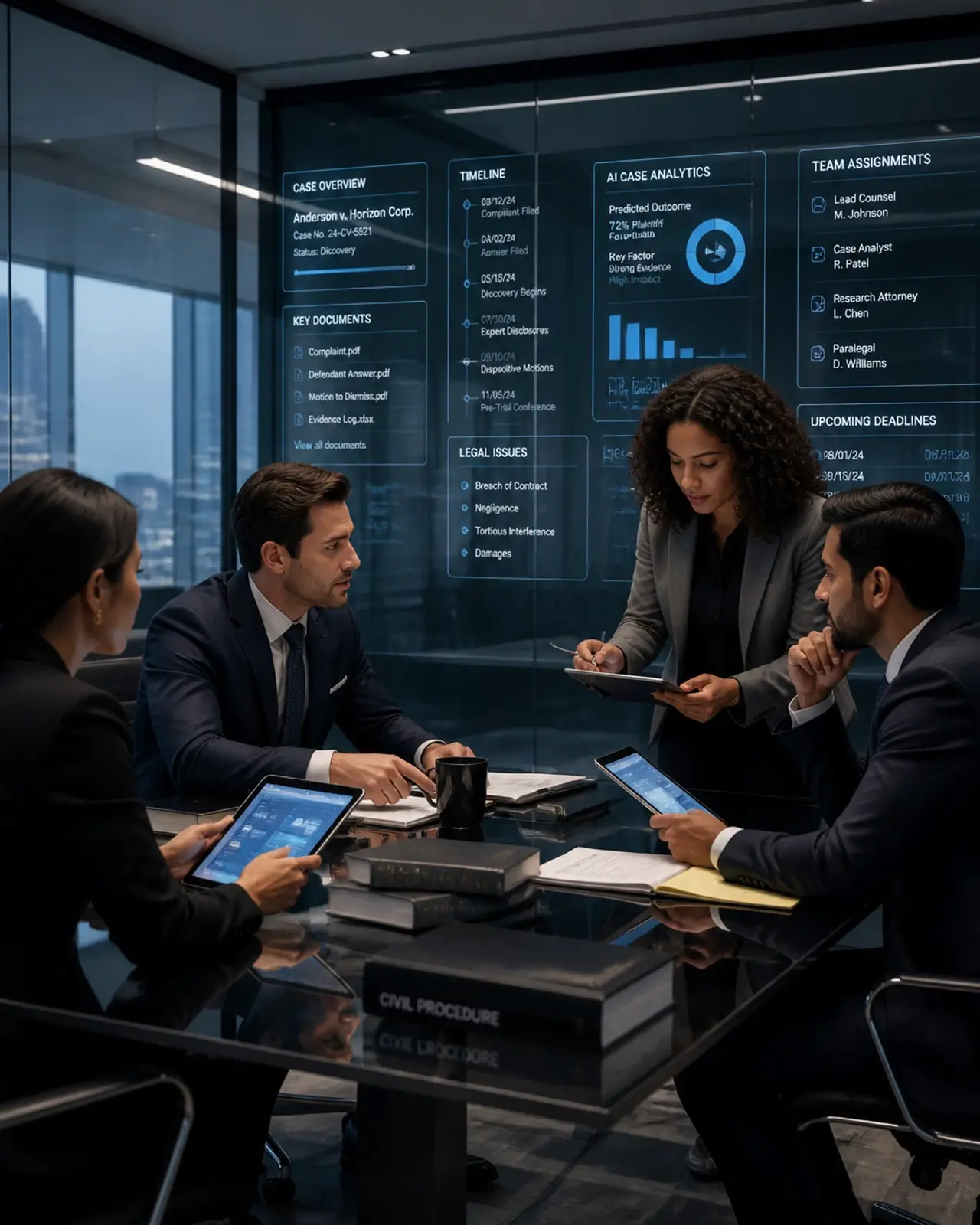 Legal professionals collaborating in a high-tech conference room