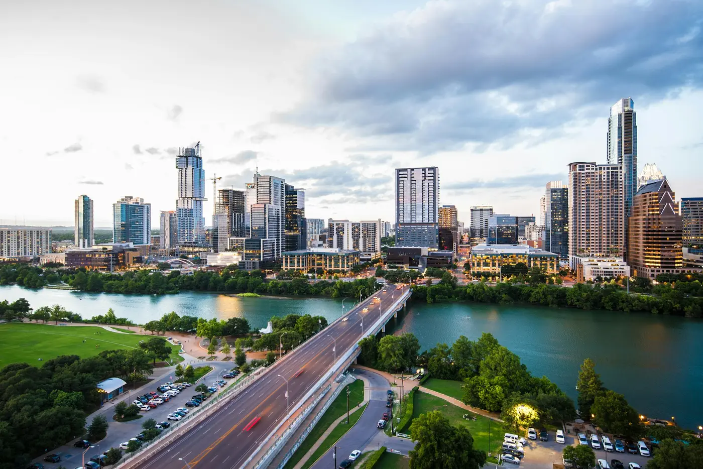 The Houston skyline at dusk, representing the vibrant and competitive legal market that SHER Legal Solutions serves.