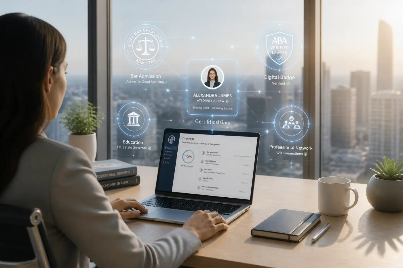 Legal professional at a desk managing an integrated network of bar admissions and career credentials.