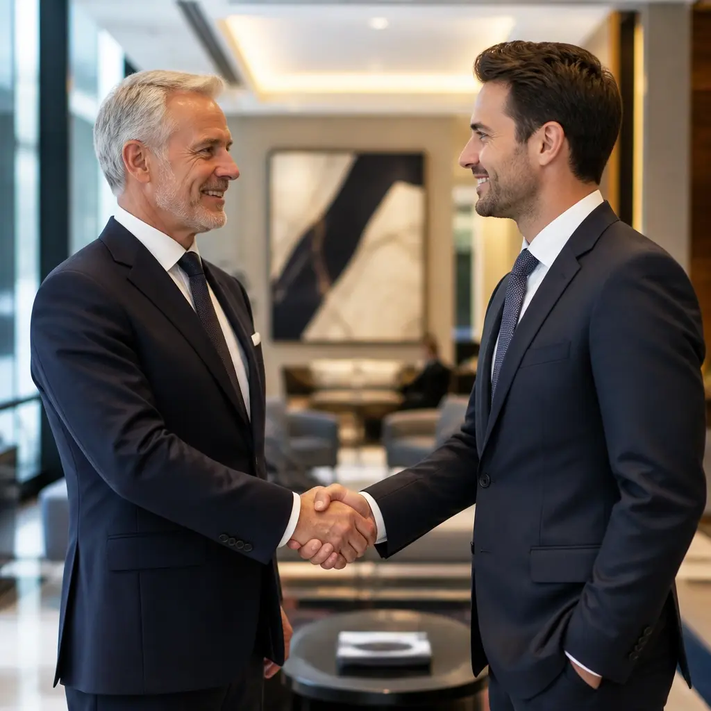 Senior and mid-level legal professionals shaking hands in a modern corporate setting