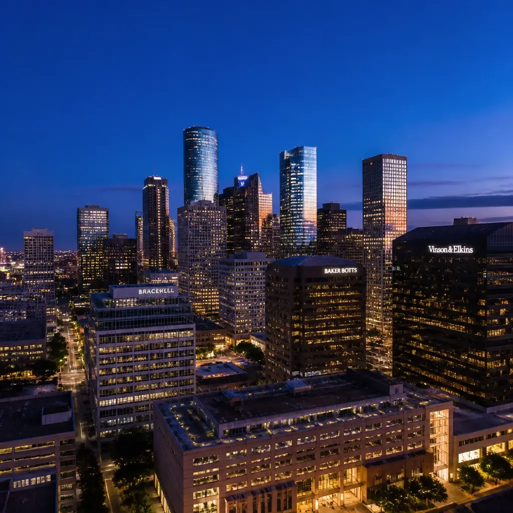 The Houston skyline and legal district at blue hour