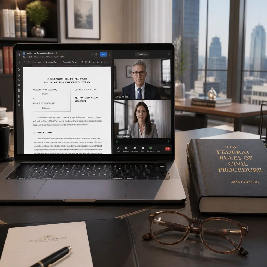 A sophisticated hybrid legal workspace combining professional documents and technology