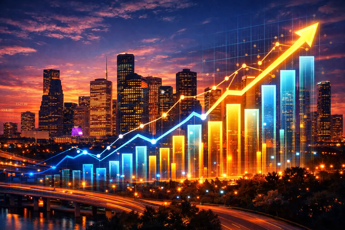 Houston skyline with data charts showing local legal salary trends and market growth for 2026.