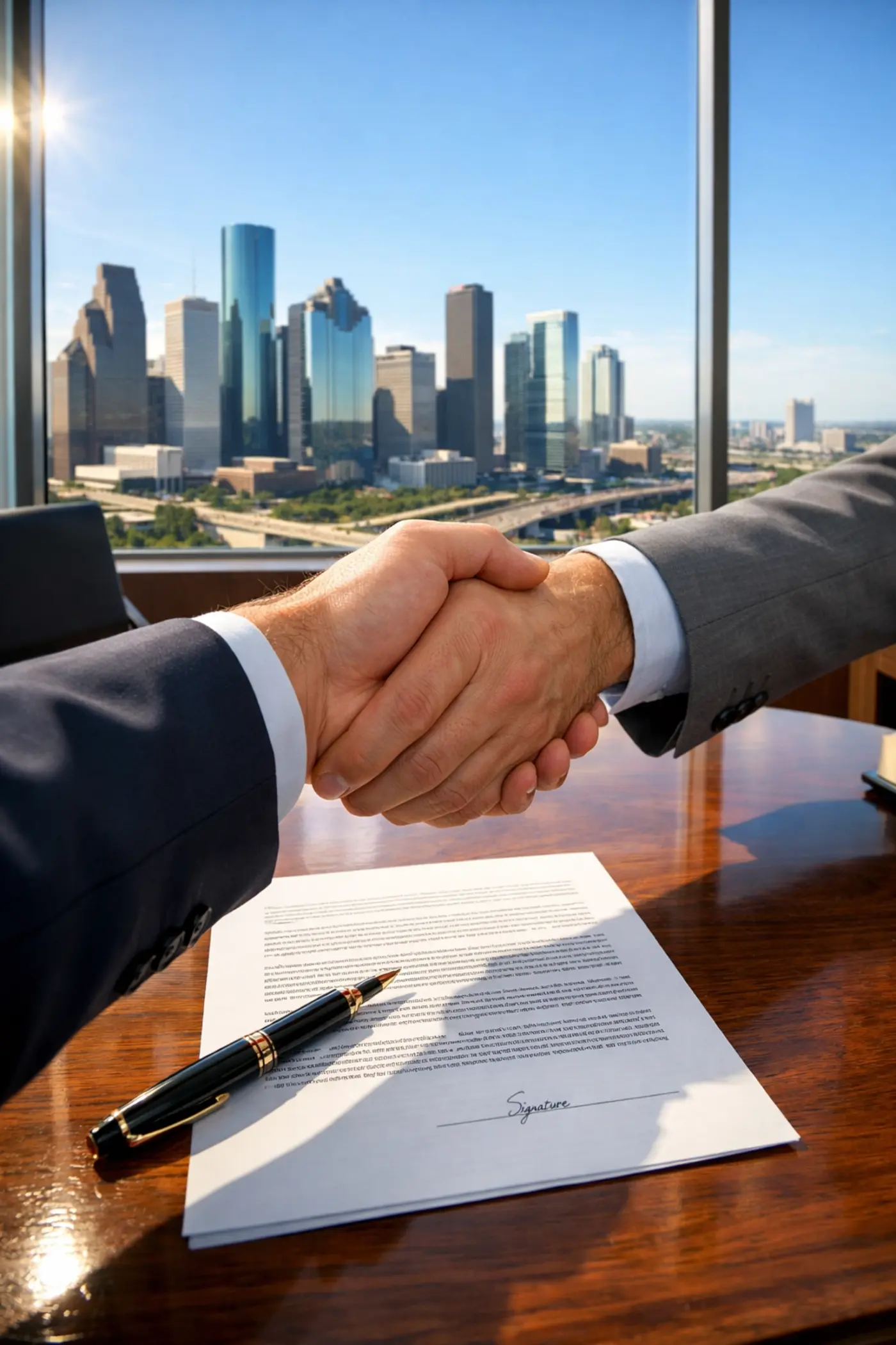 Professionals shaking hands in a Houston law office after a successful direct-hire legal placement.