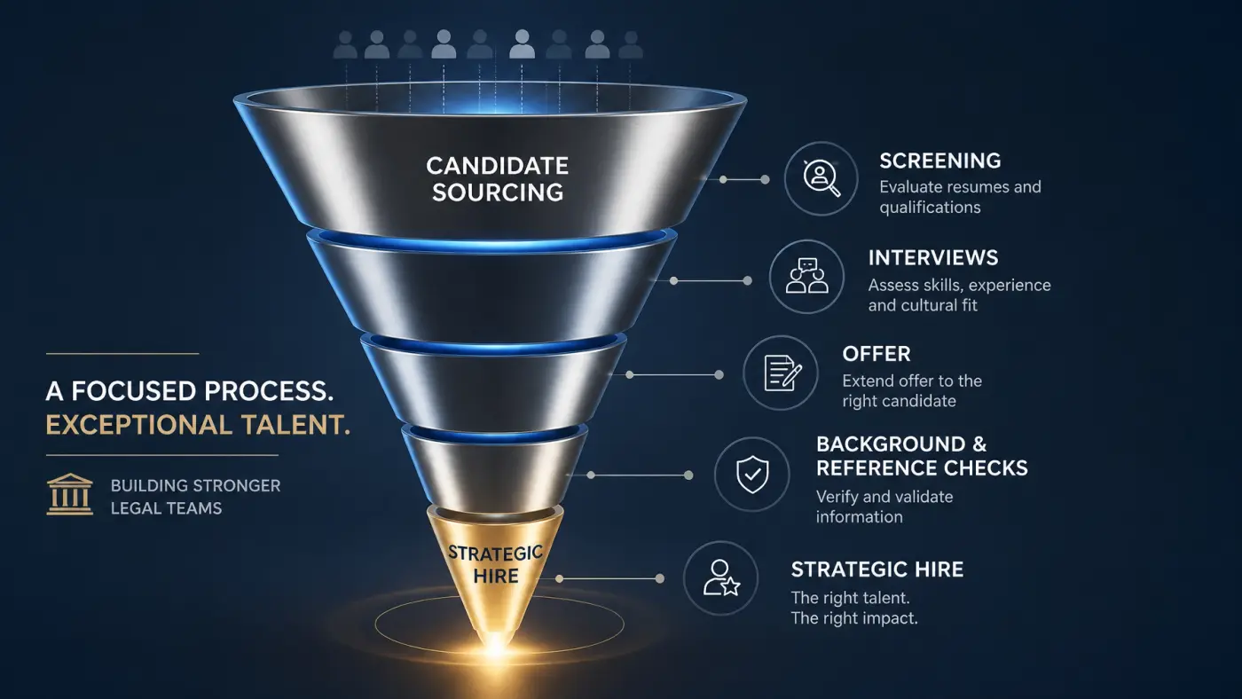 A modern graphic of a legal hiring funnel showing stages from sourcing to strategic hire