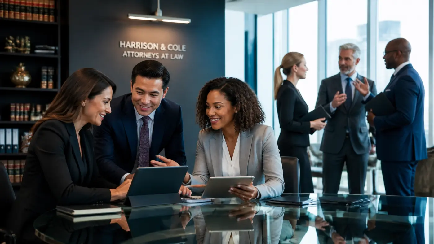 A diverse team of professional lawyers collaborating in a modern, energetic law office