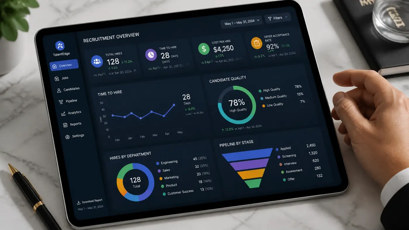A professional digital dashboard showing key recruitment metrics like Time to Hire and Candidate Quality