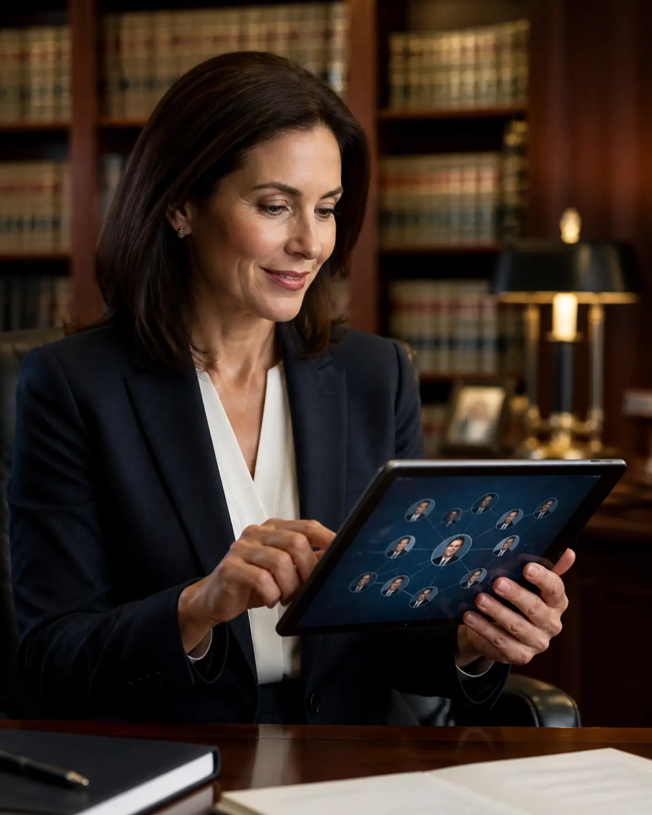 A professional attorney headhunter engaging with a strategic search network on a digital tablet.