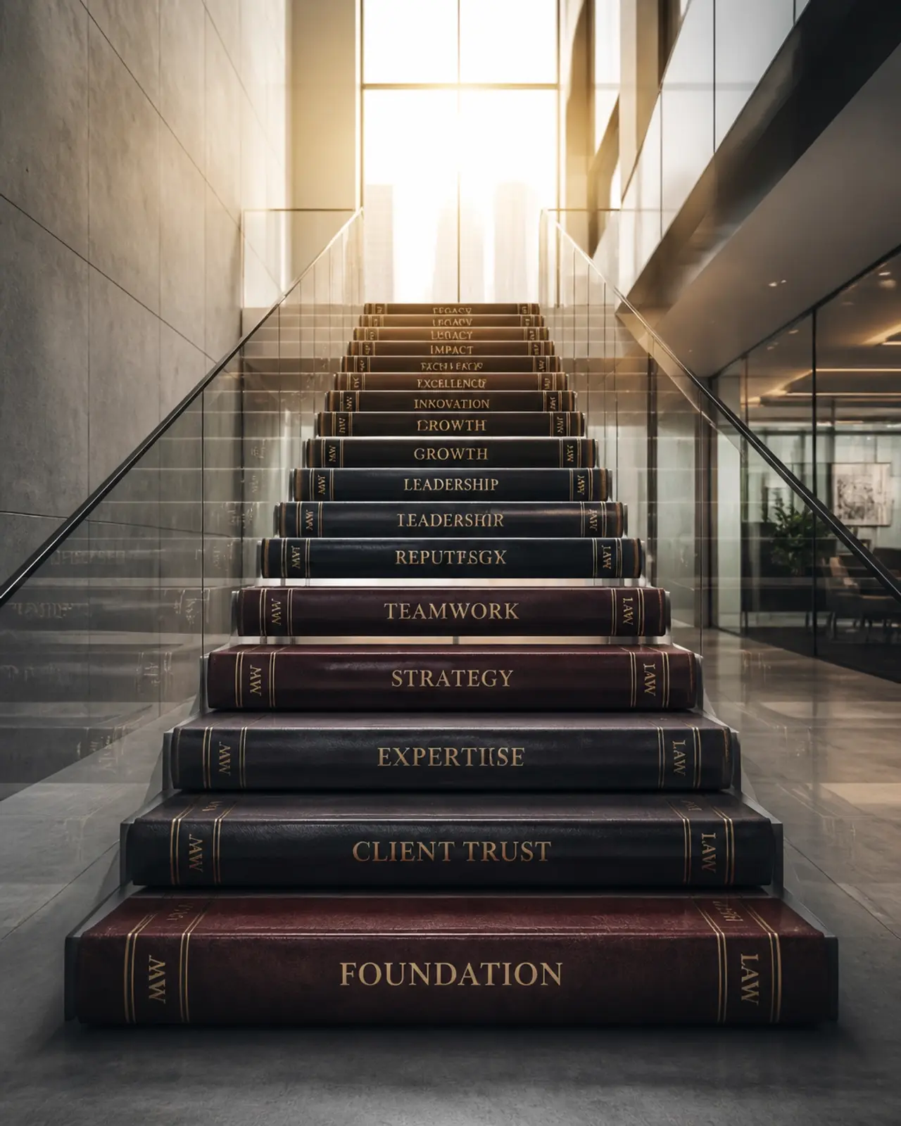 Conceptual image of scaling a law firm using a staircase of law books leading upward.