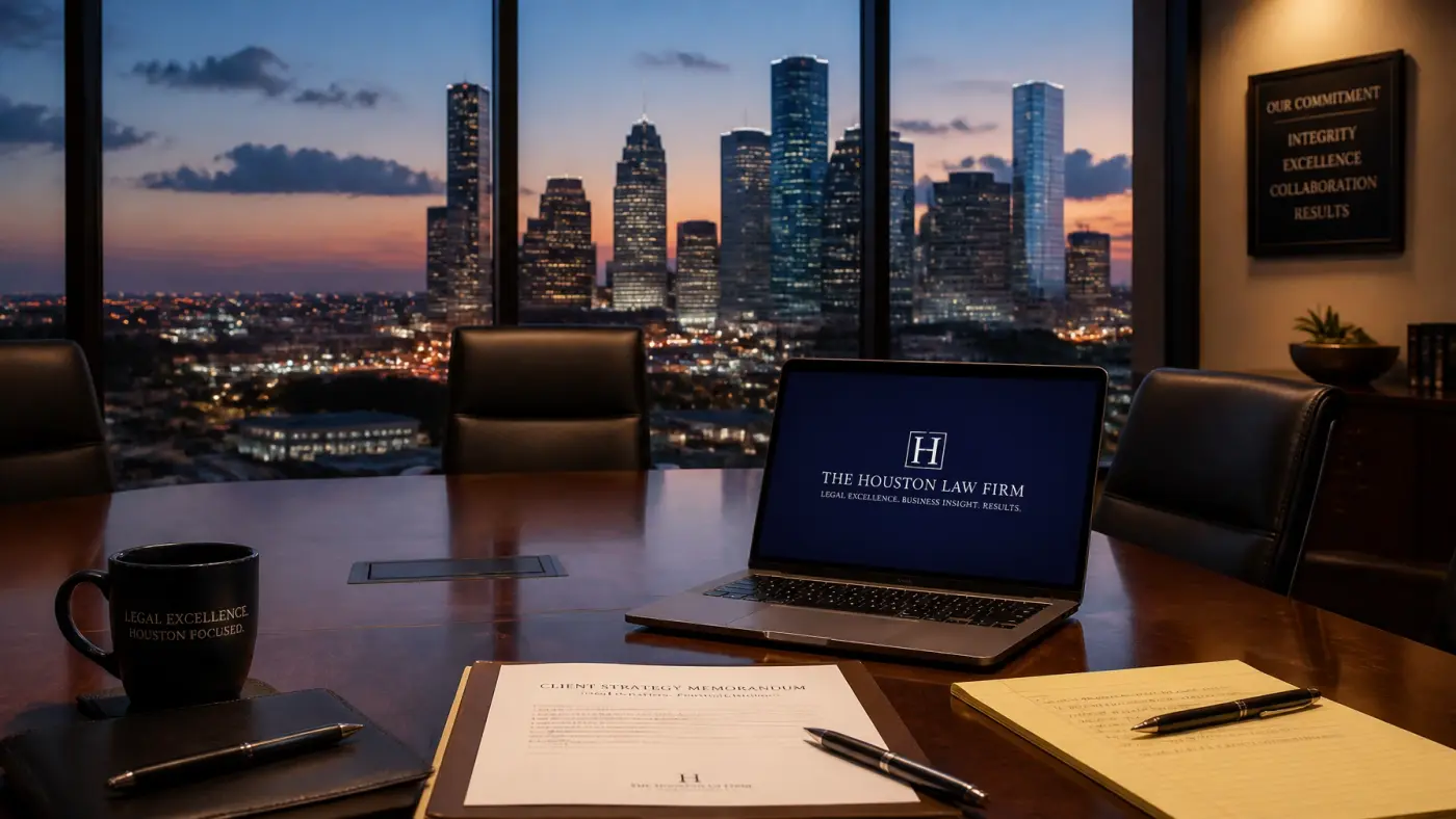 The Houston skyline seen through a luxury law firm window at dusk.