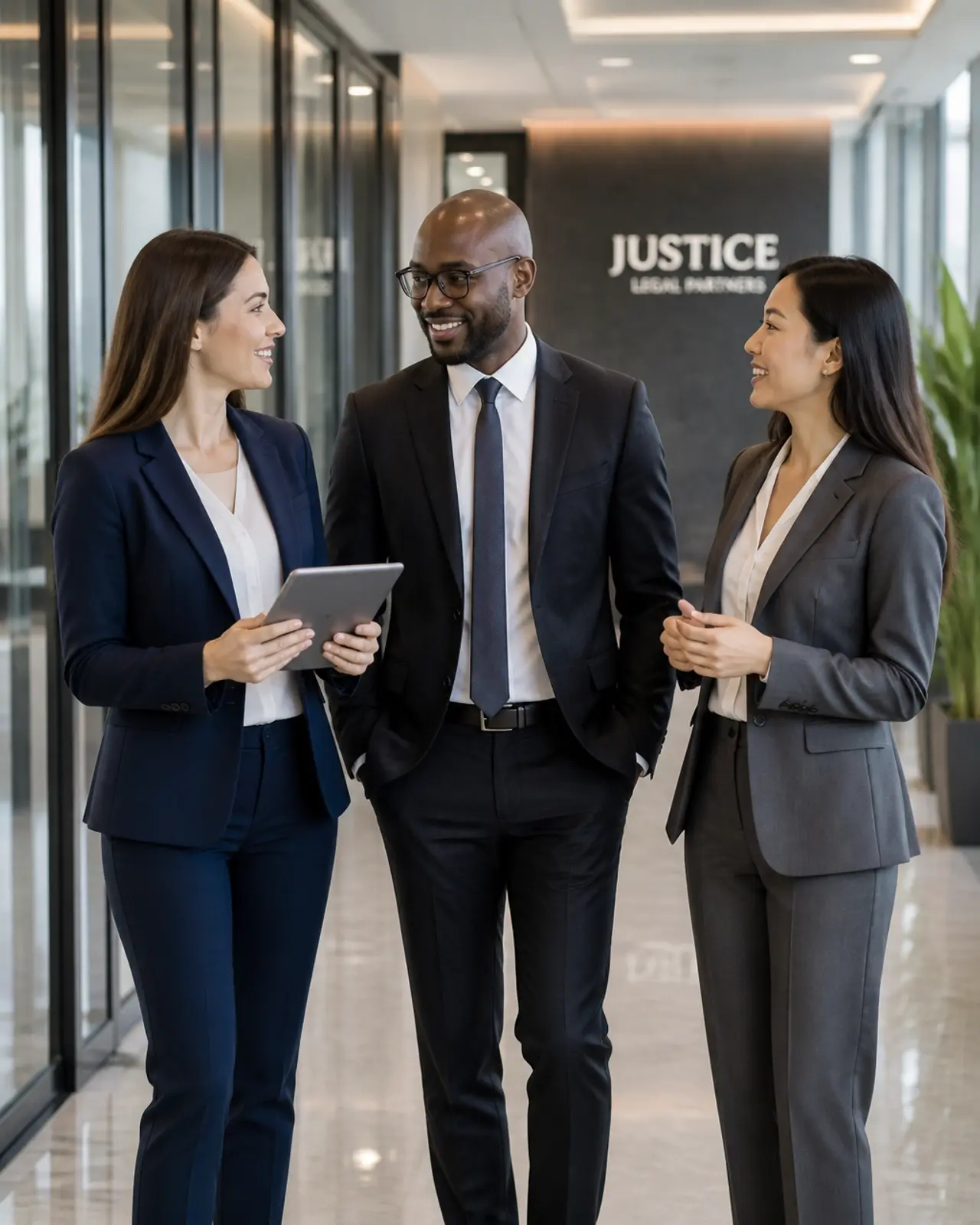 A diverse team of professional lawyers collaborating in a modern office.