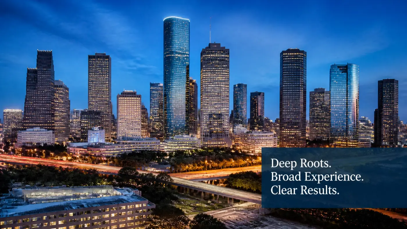 The Houston skyline at dusk, representing a key market for legal growth and recruiting.