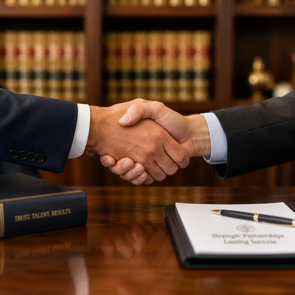 A professional handshake across a desk, signifying a successful recruitment partnership.