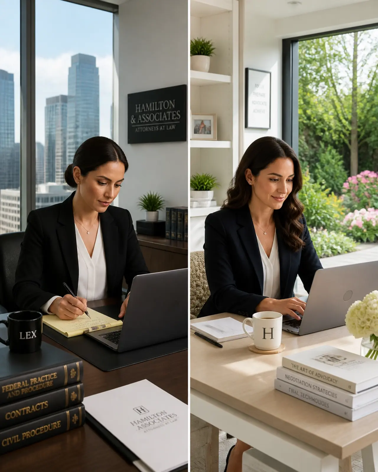 Split screen of office and remote legal work balance