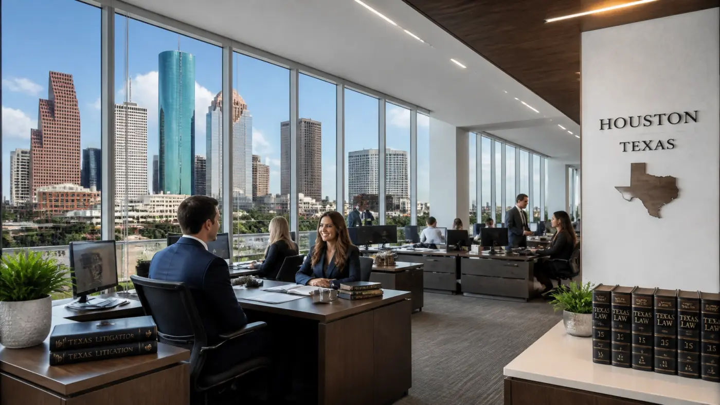 Modern legal office in Houston with city skyline views