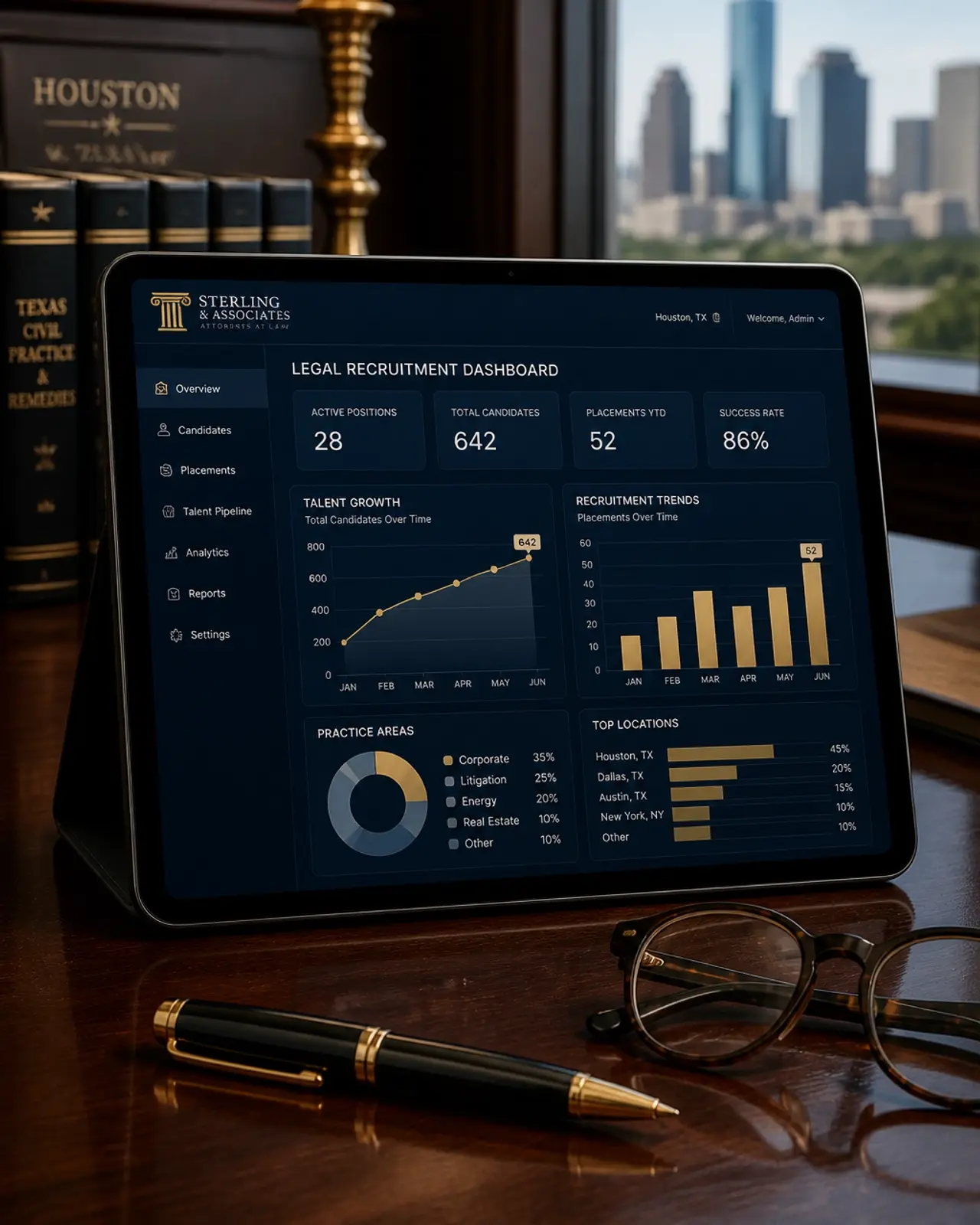 Legal recruitment dashboard on a digital tablet