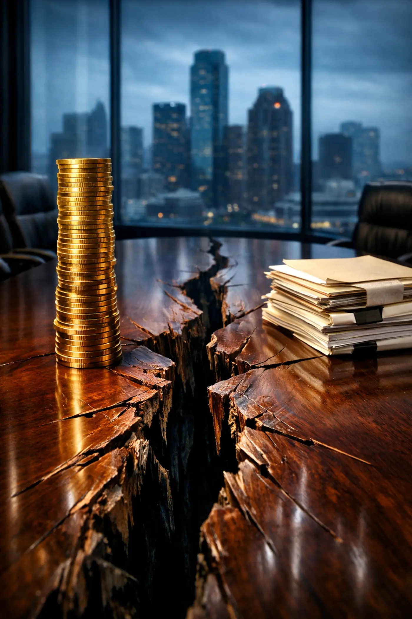 Cracked mahogany boardroom table symbolizing profit leaks and turnover in Houston legal recruiting.
