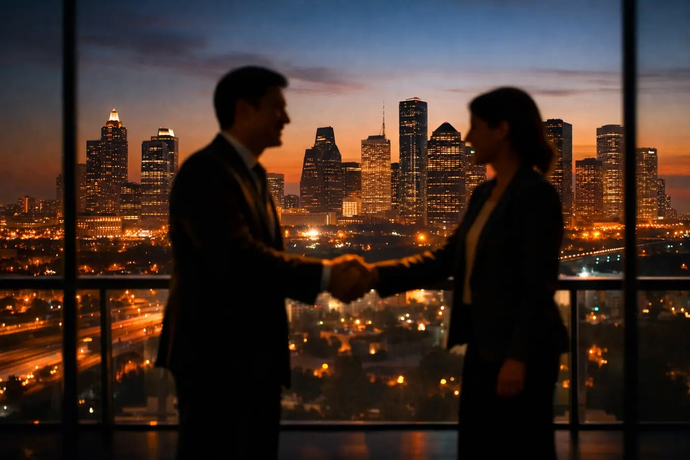 Legal professionals shaking hands over the Houston skyline representing high-EQ leadership and talent.