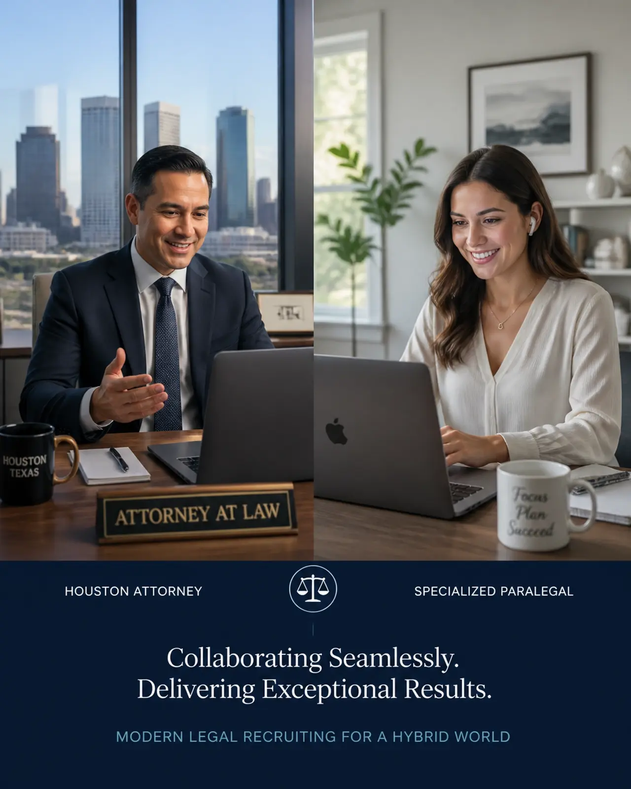 A hybrid team model showing seamless collaboration between in-office and remote legal professionals.