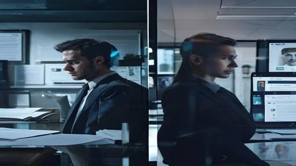 Two legal professionals working intently in separate office environments, representing flexible legal staffing