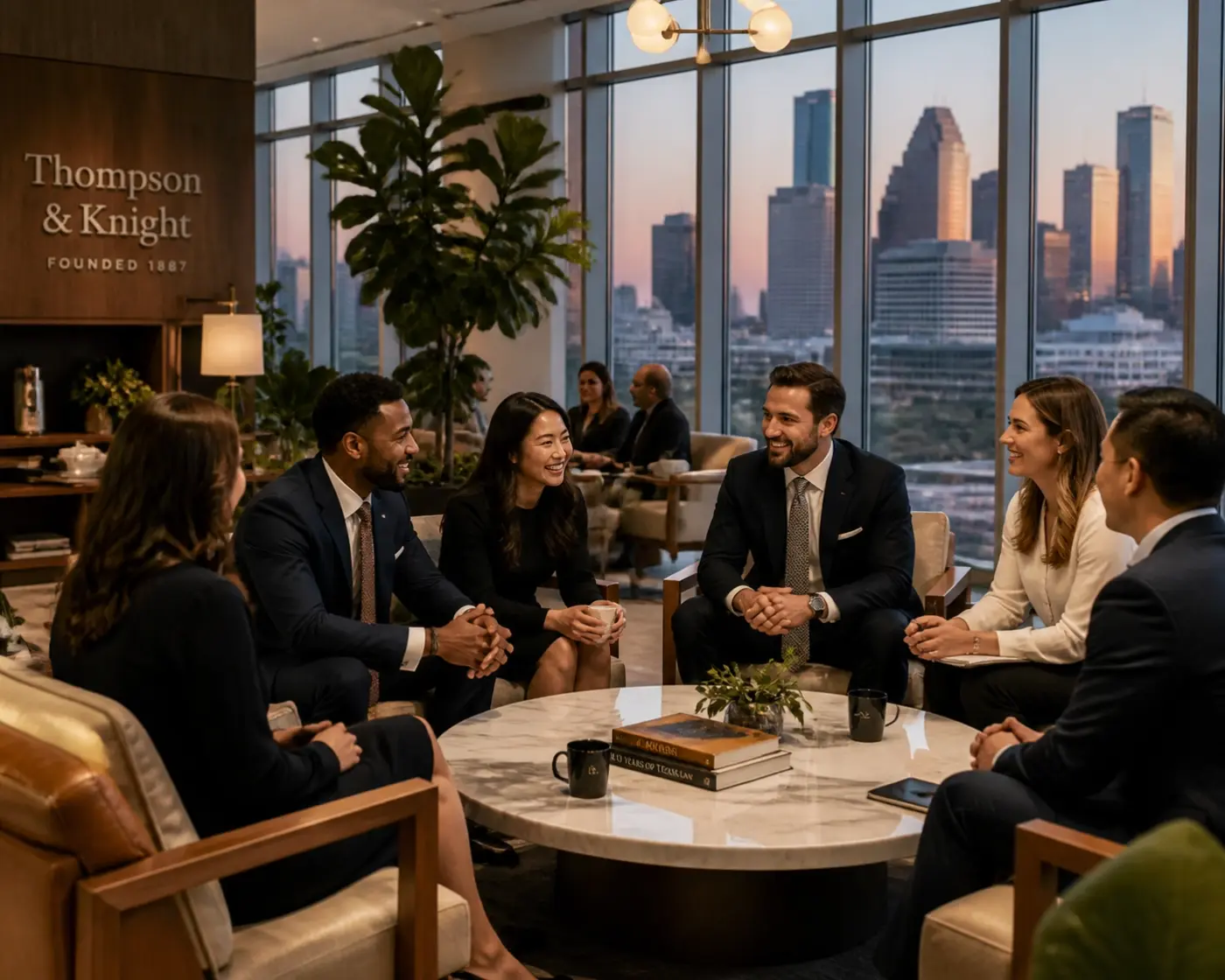 Diverse Houston legal staffing professionals collaborating in a modern law firm culture hub.