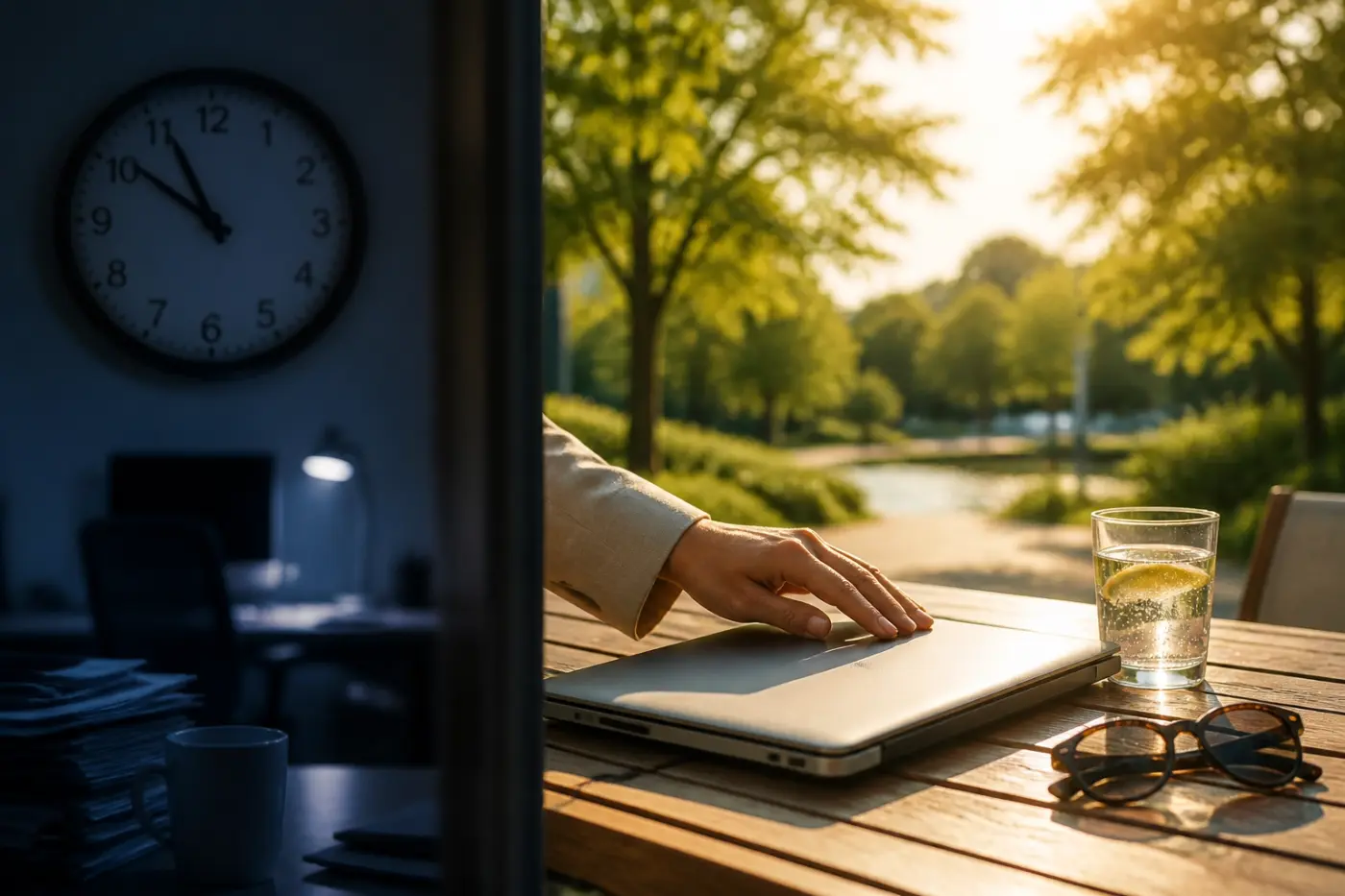 Attorney enjoying remote legal staffing flexibility by closing a laptop for a balanced lifestyle.