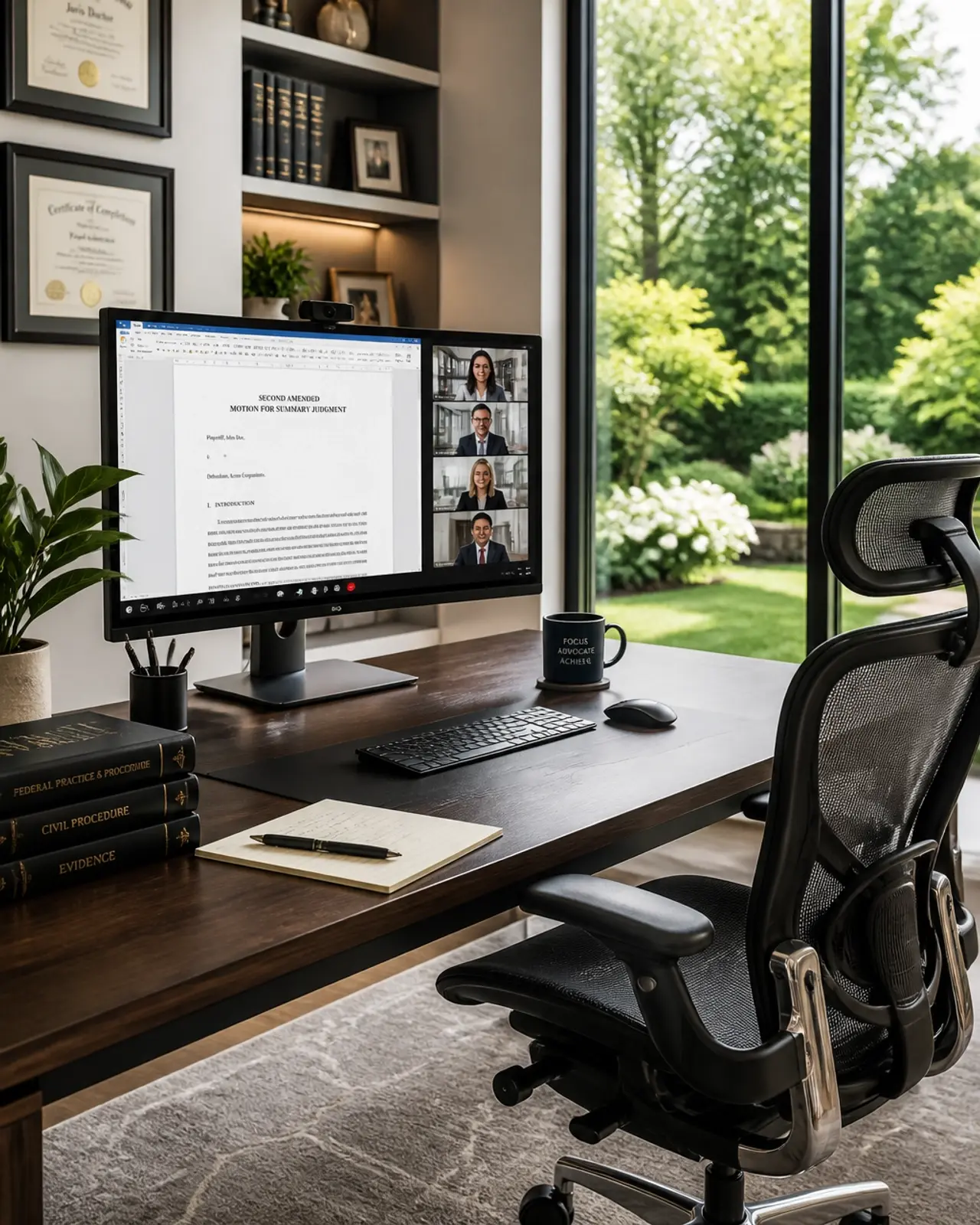 A professional home office setup, symbolizing the trend of remote legal staffing and flexible work