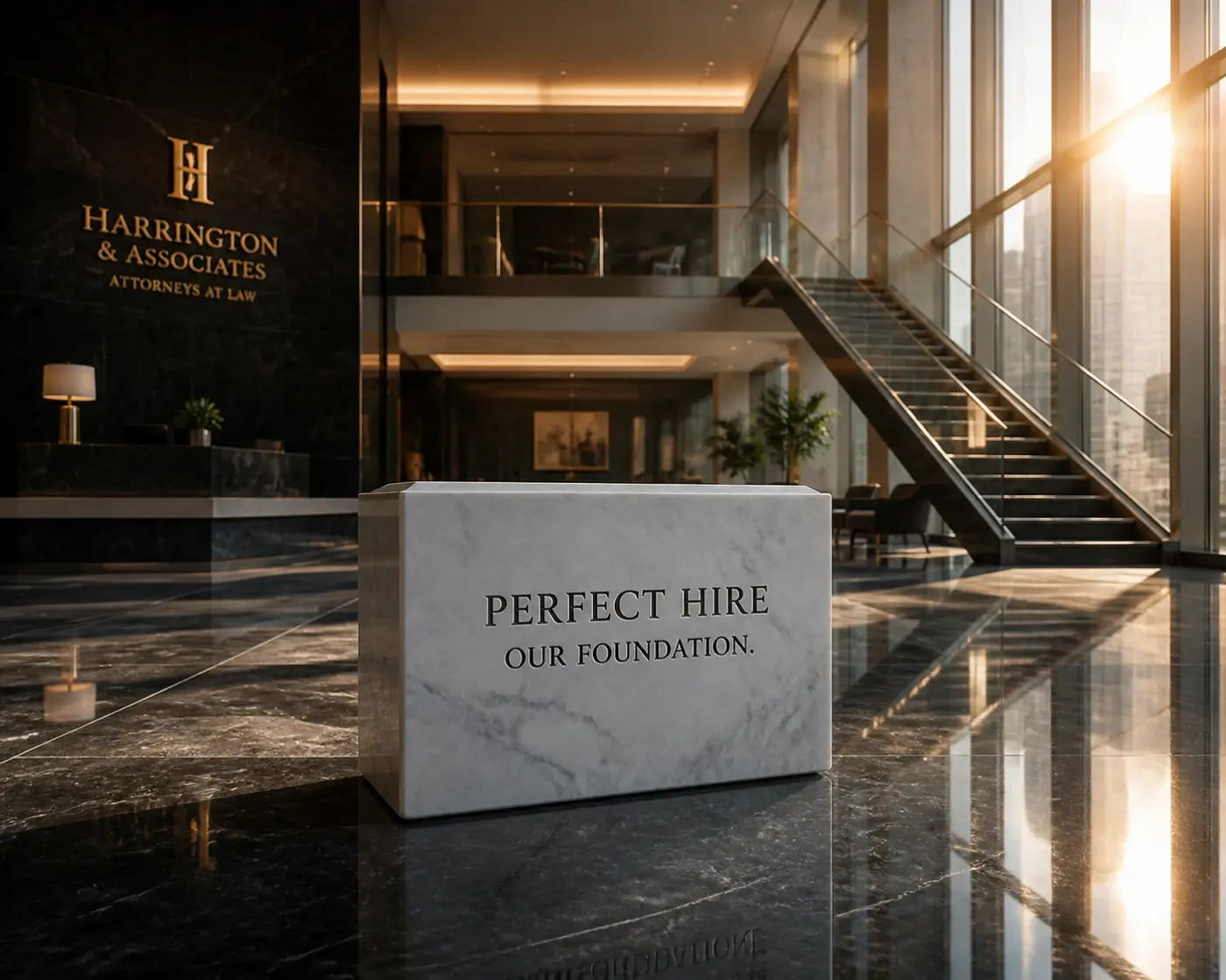A marble cornerstone in a modern law firm lobby representing a solid foundation for legal recruiting.