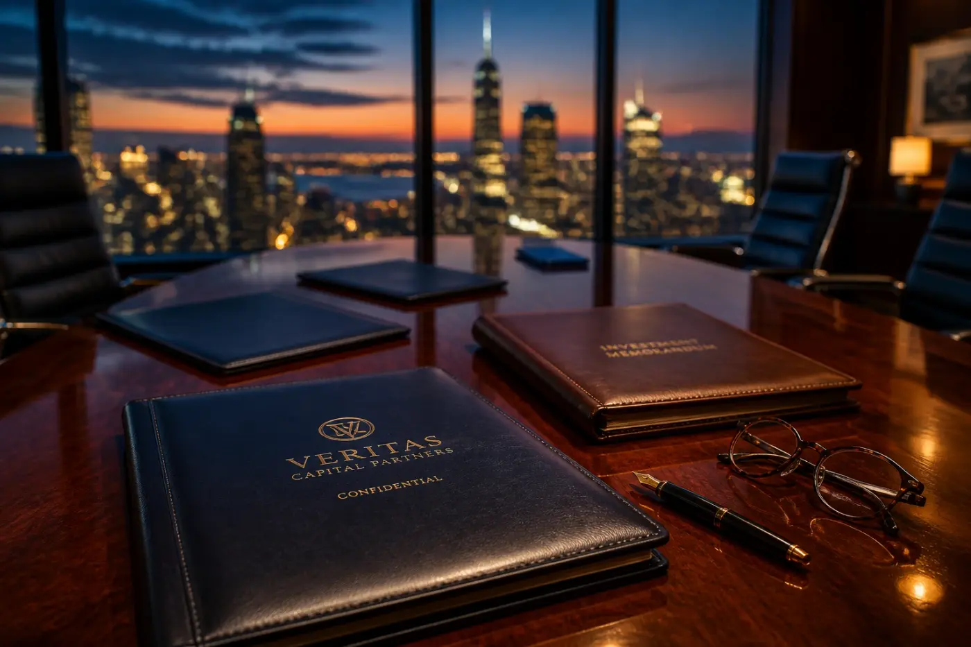 Boardroom portfolios overlooking a city skyline, symbolizing vetting by top Houston legal staffing firms.
