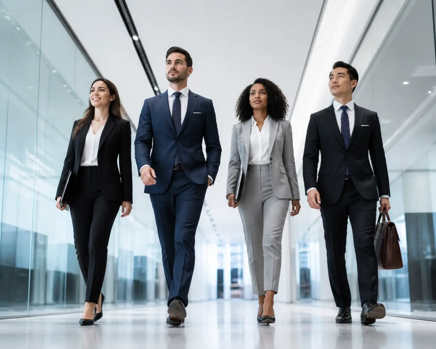 A team of attorneys walking in a modern office, illustrating growth through expert legal staffing solutions.