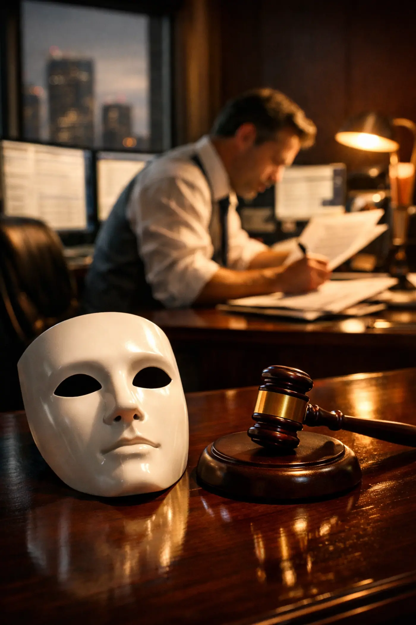A theater mask and legal gavel on a desk representing the evaluation of law firm candidates.