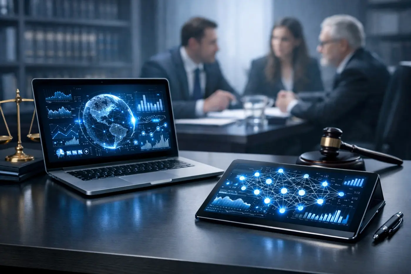 Legal team using data technology for strategic recruitment and sophisticated legal staffing solutions.