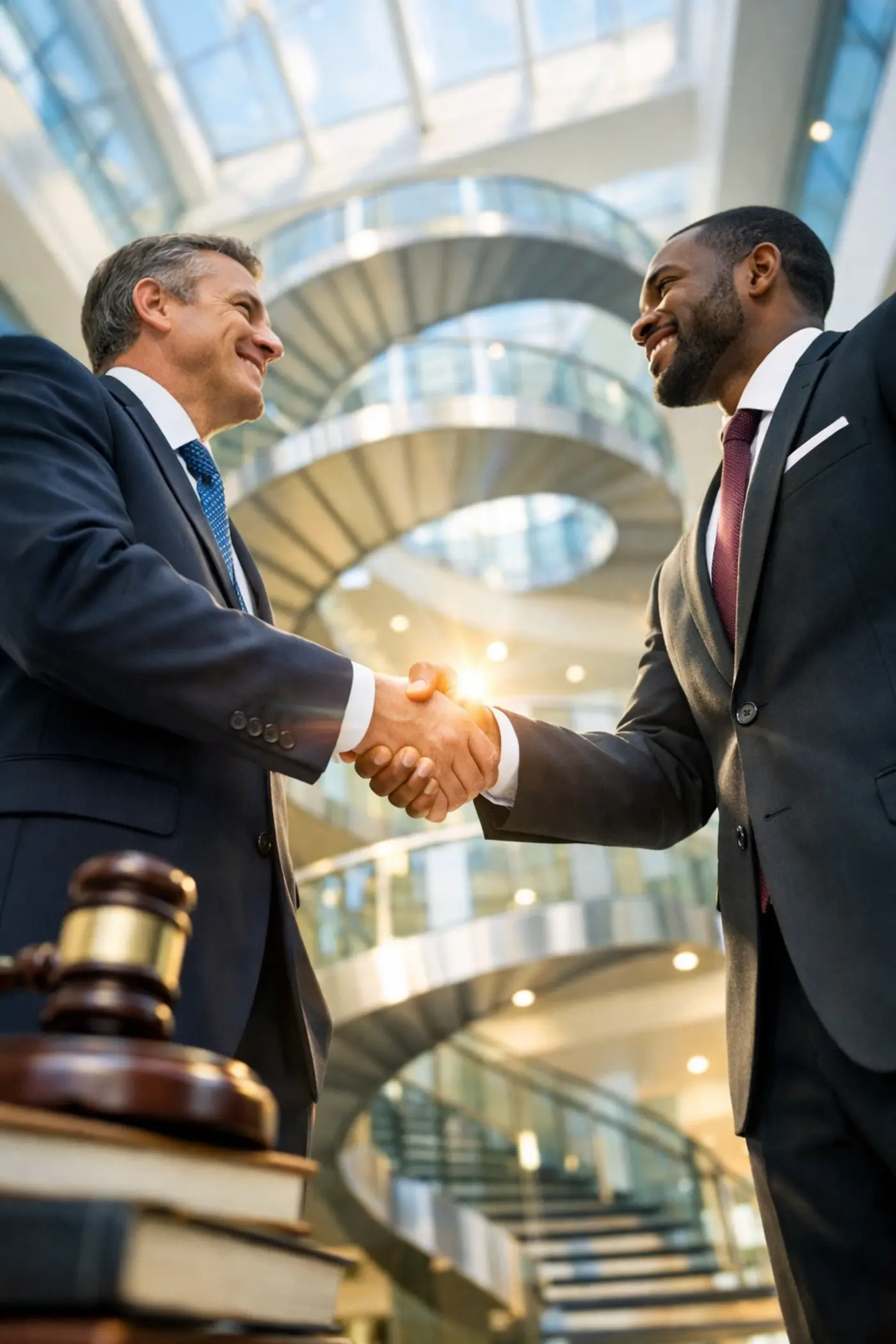 Legal professionals shaking hands in a bright atrium, highlighting trust in legal recruitment firms.